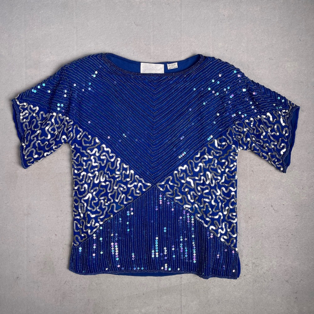 Dominique Beaded Sequin Top Party Cocktail Blouse Blue‎ Embellished Silk M